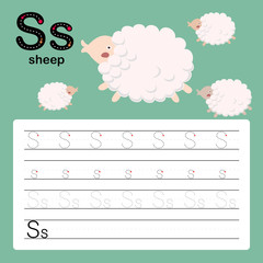Alphabet tracing worksheet for preschool and kindergarten to improve basic writing skills, letter S, sheep, vector, illustration 