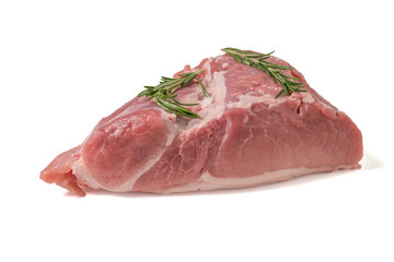 A large piece of pork meat with a sprig of rosemary isolated on a white background.