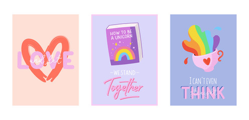 LGBTQ pride cards set. Beautiful and cute equality symbols and typography. Hand drawn vector illustration.
