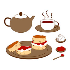Set of traditional British cream tea with teapot, a cup of tea on a saucer, two scones filled with jam and cream on a plate. Doodle afternoon tea,tea party, buttermilk biscuits background. 
