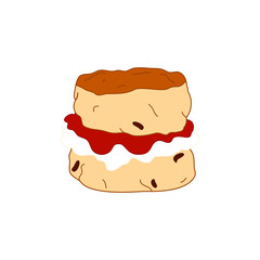 Doodle scone or biscuit with jam and cream isolated on white background. Traditional British teacake, afternoon tea, cream tea, tea party, buttermilk biscuits. Great for icon, card, menu, logo design.