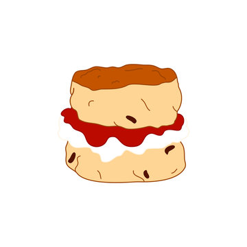 Doodle Scone Or Biscuit With Jam And Cream Isolated On White Background. Traditional British Teacake, Afternoon Tea, Cream Tea, Tea Party, Buttermilk Biscuits. Great For Icon, Card, Menu, Logo Design.