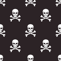 Seamless pattern with white skulls and crossbones, isolated on black background. Symbol of Ransomware attack, death, pirates. Vector illustration