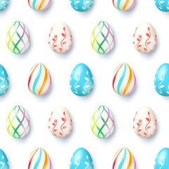 Seamless pattern from eggs isolated on white background. Colored easter eggs painted natural ornaments. Vector 3d illustration