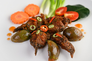 Spicy Fried Stir Catfish on white plate, Thai food.
