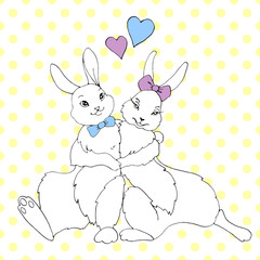 Cute hugging happy bunnies, rabbits, hares on background of polka dots. Seamless pattern. Contour illustration for Valentine's Day, Easter, coloring book, postcard, web. Outline hand drawn