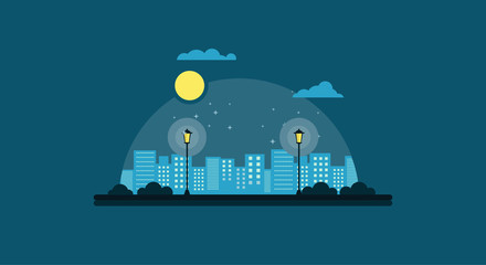 city park at night vector illustration in simple minimal geometric flat style - city landscape with bench and lamp - abstract horizontal banner
