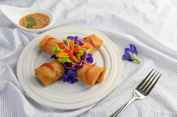 Egg roll or Fried Spring Rolls on the white plate Thai food. Selective focus.