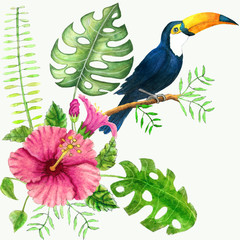 toucan and tropical plants watercolor drawing: hibiscus, monstera, palm leaf. To create the design of invitations, cards, prints and more. Exotic tropical plants and toucan watercolor