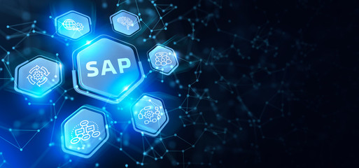 SAP System Software Automation concept on virtual screen data center. Business, modern technology, internet and networking concept.