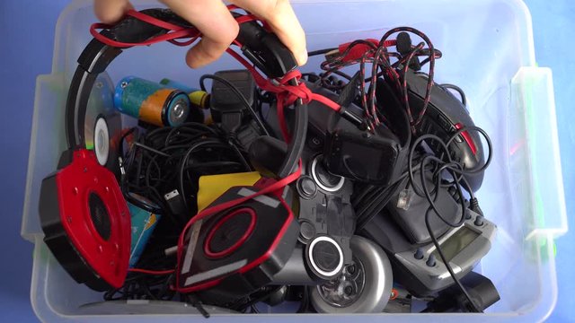 Electronic rubbish. E-waste. Old mobile phones, electronic devices, computer equipment, electronics, printer cartridges for reuse and recycling