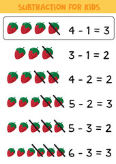 Math game for kids. Subtraction with red strawberries.