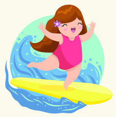 summer surfing with cute girl flat cartoon