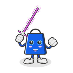 shopping bag character mascot raised hand holding a purple sword in the right hand vector illustration