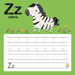 Alphabet tracing worksheet for preschool and kindergarten to improve basic writing skills, letter z, zebra, vector, illustration 