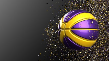 Metallic Purple-Yellow Basketball with Particles. 3D illustration. 3D CG. 3D high quality rendering.