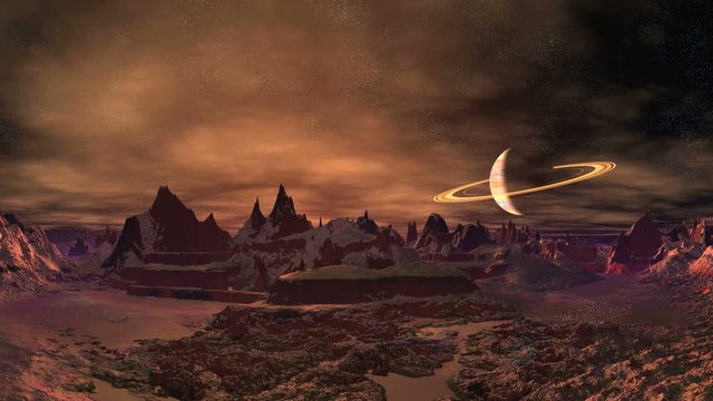 Sunrise on a Mysterious Alien Planet. Mountains are covered in snow. Above the horizon planet similar to Saturn. On a starry sky floating clouds. he bright orange sun rises from behind the mountains.