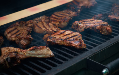 Meat steaks are prepared on grill grid