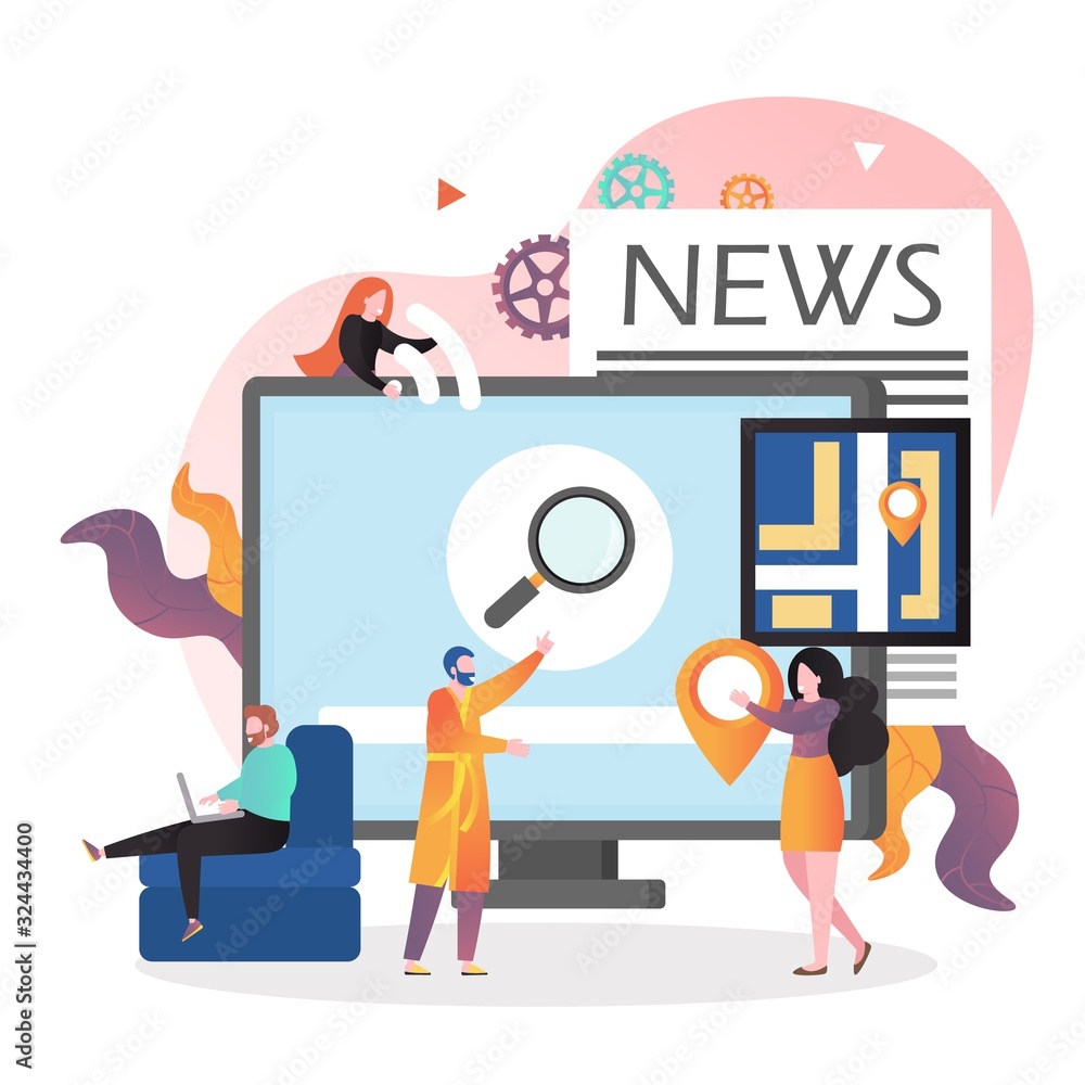 Poster people using desktop computer vector concept for web banner, website page
