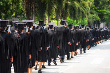 Rear view of group of university graduates in black gowns lines up for degree in university graduation ceremony. Concept education congratulation, student, successful to study.