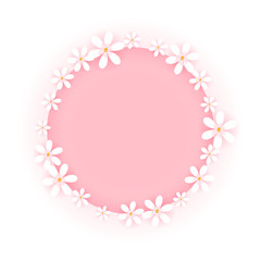 Sweet flower frame isolated on white background. Pink circle badge with cute white floral border. Vector illustration.