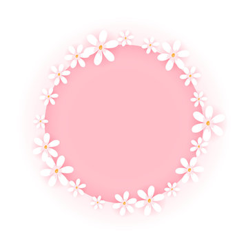 Sweet Flower Frame Isolated On White Background. Pink Circle Badge With Cute White Floral Border. Vector Illustration.