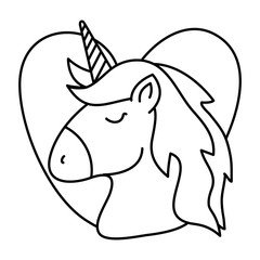 head of cute unicorn with heart isolated icon vector illustration design