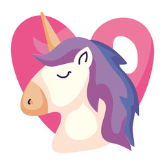 head of cute unicorn with heart isolated icon vector illustration design
