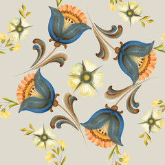 Stylized blue flowers on a black background. Bells with leaves are made using the traditional brushstroke technique. Pattern for design fabric, wrapping paper, home decor, mantelpiece, kitchen apron.