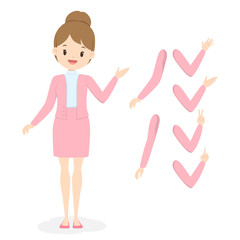 Young business woman in pink office clothes with different hand and arm poses. Flat cartoon girl in uniform. Vector illustration.