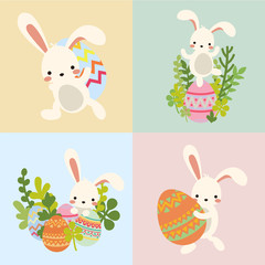 Set of cute kawaii cartoon flat vector easter white bunny, rabbit with decorative eggs, and spring flowers and burrow