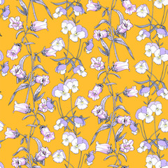 Floral seamless pattern with wildflowers. Pansies, Campanula on a background of mustard.