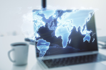 Double exposure of abstract digital world map on computer background, big data and blockchain concept