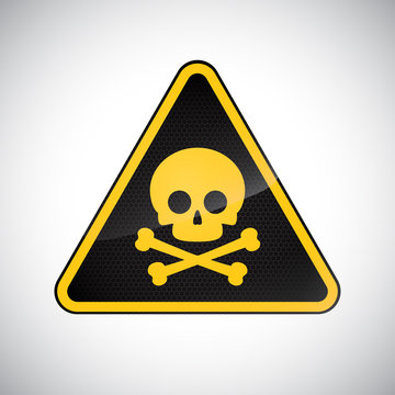Caution poison hazard sign. Black yellow carbon warning poison hazard sign on white background. Information vector icon. Design protection symbol, button. Vector illustration