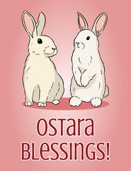 Ostara Blessings pagan holiday postcard. Easter bunny or hare vector illustration.