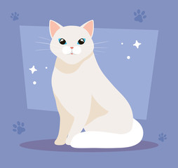 cute cat white in background with pawprints vector illustration design