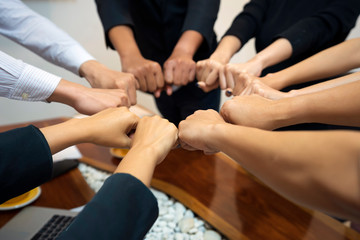 Young group are join hands for working the job success , Hands, symbolizing the hands to unity and line connection for teamwork ,success , concept.