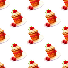 Seamless background. Watercolor illustration of a cake. Sweet dessert with berries, cream, meringues.