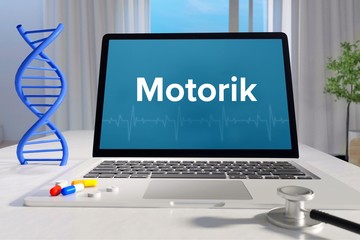 Motorik – Medizin, Gesundheit. Computer im Büro mit Begriff auf dem Bildschirm. Arzt, Gesundheitswesen