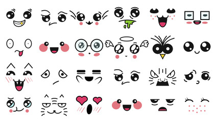 Kawaii cute faces. Manga style eyes and mouths. Funny cartoon japanese emoticon in in different expressions. For social networks. Expression anime character and emoticon face illustration. Background.