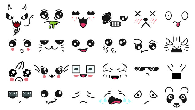 Kawaii cute faces. Manga style eyes and mouths. Funny cartoon japanese emoticon in in different expressions. For social networks. Expression anime character and emoticon face illustration. Background.