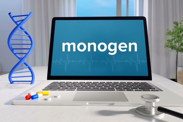 monogen – Medizin, Gesundheit. Computer im Büro mit Begriff auf dem Bildschirm. Arzt, Gesundheitswesen