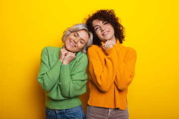 Cute brunette caucasian girl with curly hair is posing near her best friend gesturing the enjoy sign while posing on a yellow background