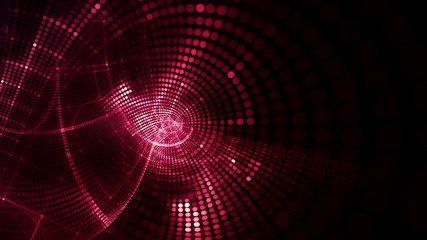 Abstract red and black background element. Fractal graphics 3d illustration. Wide format composition of grid cells and circles. Information technology concept.
