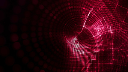 Abstract red and black background element. Fractal graphics 3d illustration. Wide format composition of grid cells and circles. Information technology concept.