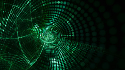 Abstract green and black background element. Fractal graphics 3d illustration. Wide format composition of grid cells and circles. Information technology concept.