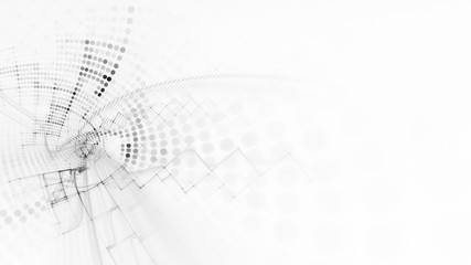 Abstract white and black background element. Fractal graphics 3d illustration. Wide format composition of grid cells and circles. Information technology concept.