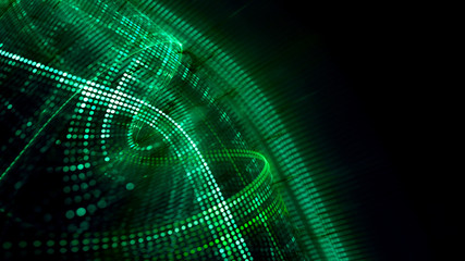 Abstract green and black background element. Fractal graphics 3d illustration. Wide format composition of grid cells and circles. Information technology concept.