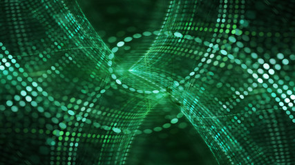 Abstract green and black background element. Fractal graphics 3d illustration. Wide format composition of grid cells and circles. Information technology concept.