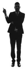 Silhouette of businessman pointing at something on white background. Concept of choice